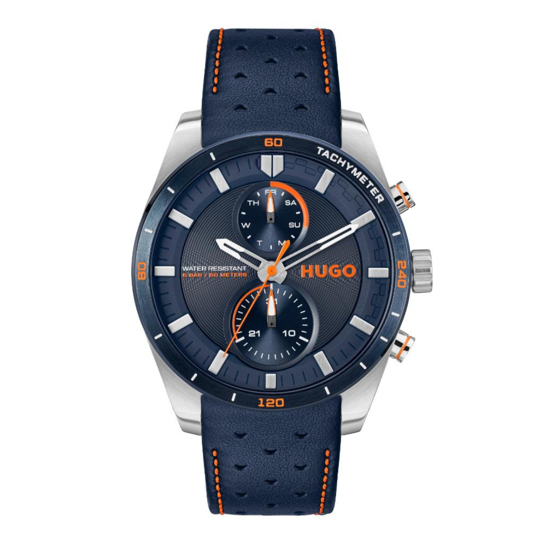 Hugo sport chronograph watch with a dark blue textured dial, silver stainless steel case, and a perforated navy blue leather strap with orange stitching and accents.