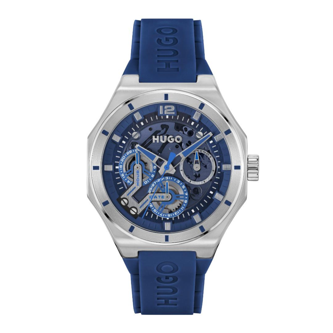 Hugo watch with a blue silicone strap and a silver-tone octagonal case, featuring a blue skeleton dial with multiple sub-dials.