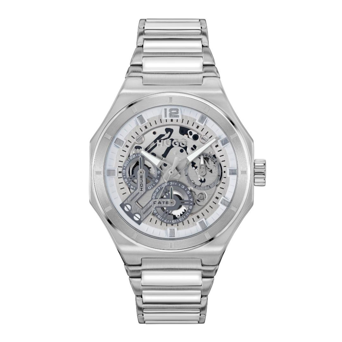 A stainless steel skeleton watch with a silver-tone metal link bracelet, featuring a transparent dial that reveals the inner mechanical gears and hands, set against a plain white background.