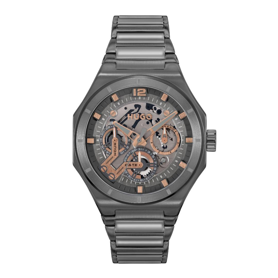 A men's skeleton watch by Ugo with a dark gray metallic case and integrated link bracelet, featuring a detailed dark gray dial with rose gold accents, indices, and hands.