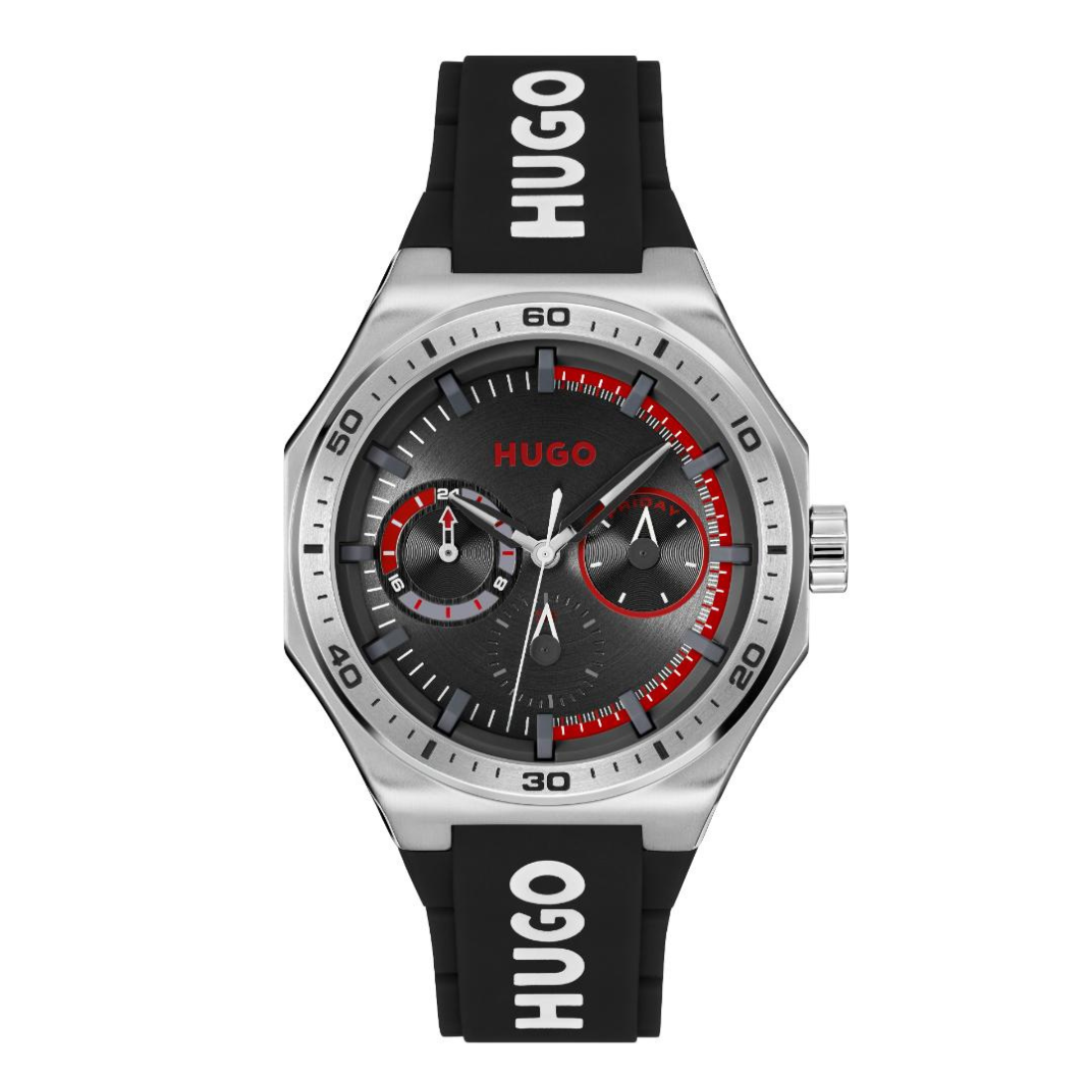 Hugo sport watch with a silver-tone octagonal case, black dial with red accents, and a black silicone strap with white HUGO branding.