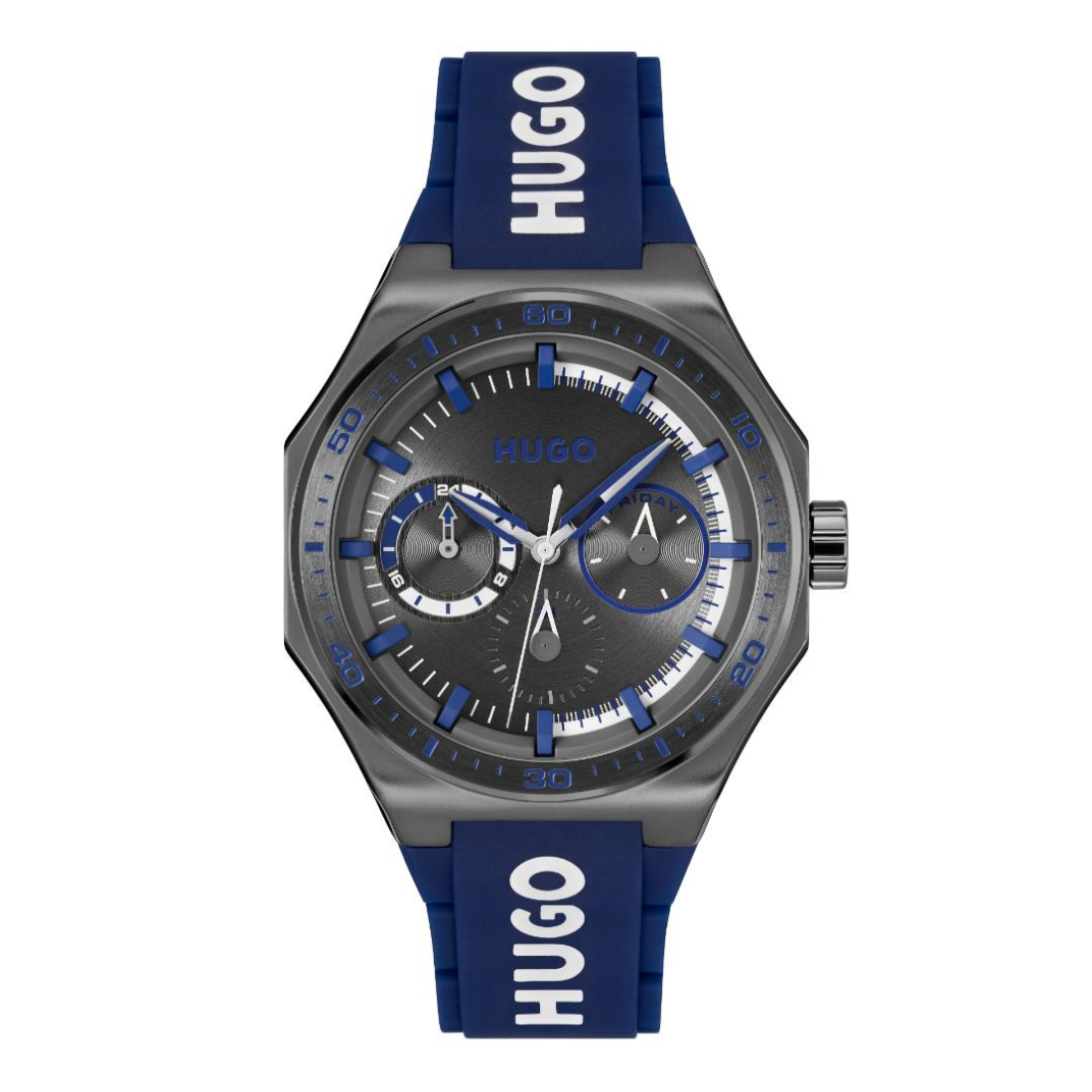 Hugo sport watch with a dark gray octagonal case, dark gray dial with blue accents, and a blue silicone strap with white HUGO branding.