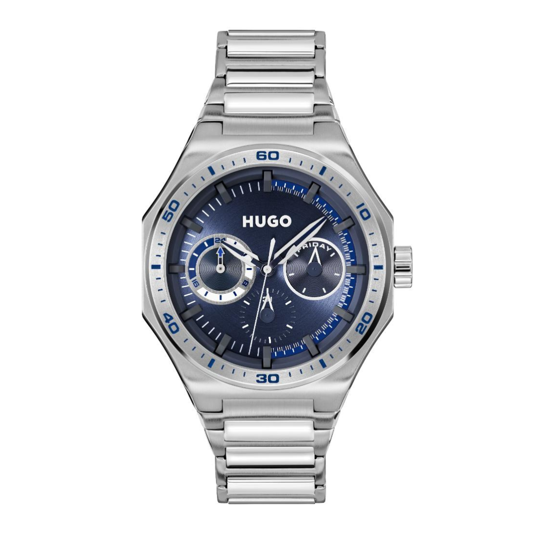 A Hugo stainless steel wristwatch with a blue dial and blue bezel markings, featuring three subdials and a silver link bracelet, shown against a plain white background.