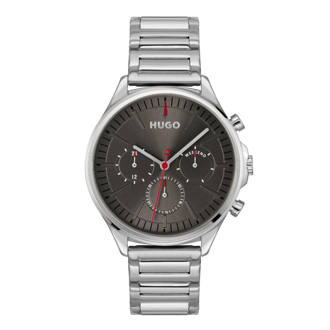 A Hugo watch with a silver stainless steel link bracelet, a round silver case, and a dark gray dial featuring three sub-dials and red accents.