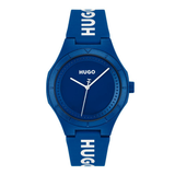 Blue watch with 'HUGO' branding on a white background