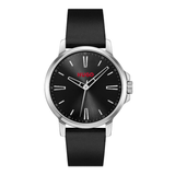 A Hugo watch with a black dial, silver-tone stainless steel case, and a black leather strap, shown against a plain white background.