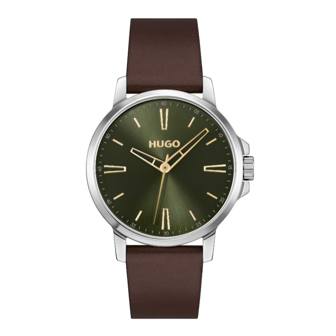 Hugo wristwatch with a dark olive green dial, gold-tone hands and markers, and a brown leather strap, shown on a plain white background.