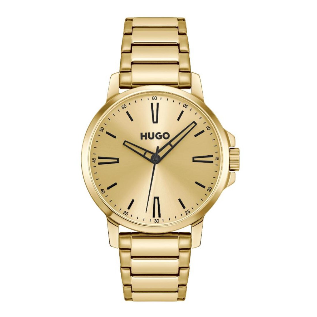 A gold-tone stainless steel wrist watch with a matching link bracelet, featuring a gold dial, black hour markers, and the HUGO brand name printed on the face, set against a plain white background.