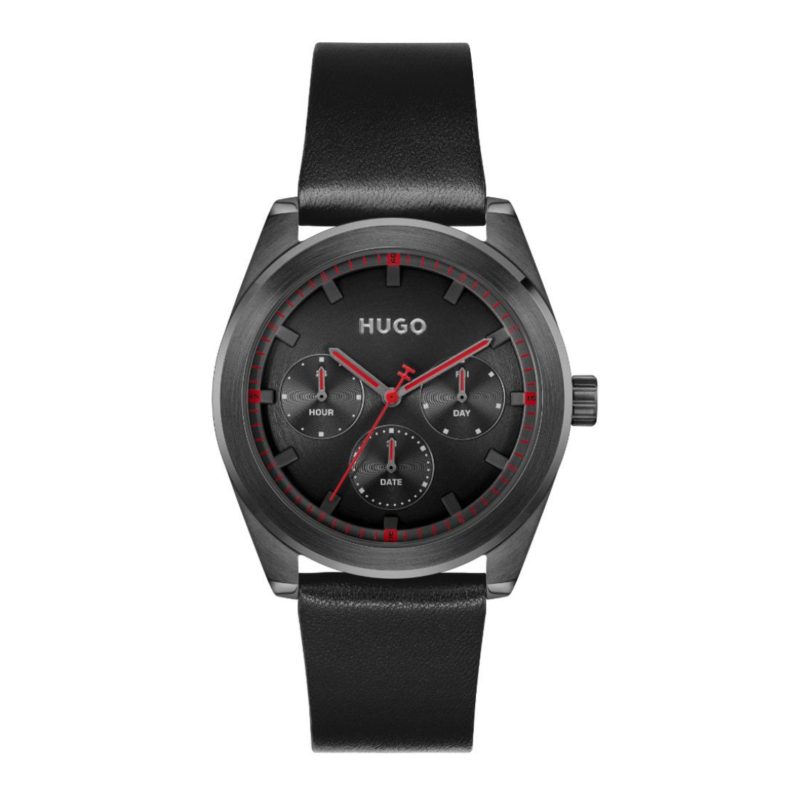 A Hugo brand men's watch featuring a black leather strap, a dark gray metal case, and a black dial with red accents and white sub-dials.
