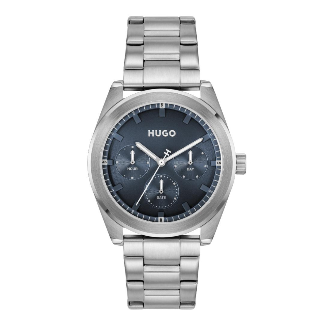A Hugo brand stainless steel watch with a dark blue dial and silver metal case and link bracelet, shown against a plain white background.