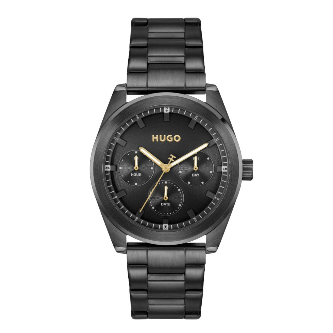 A Hugo watch with a black stainless steel case and link bracelet, featuring a black dial with gold-tone hands and indices.