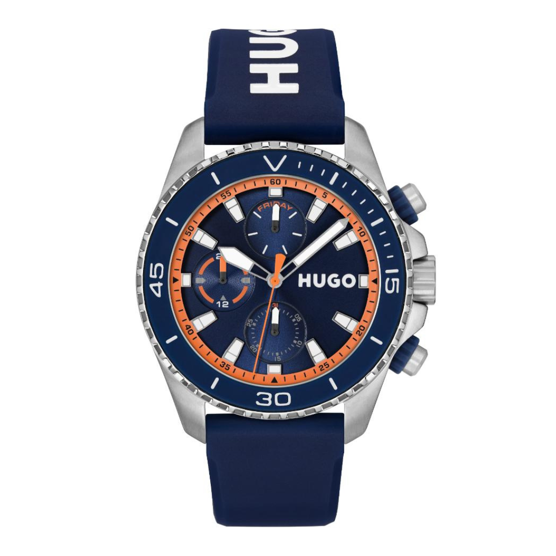 Hugo Ocean watch with a navy blue silicone strap, a blue dial with orange accents, and a silver stainless steel case on a white background.
