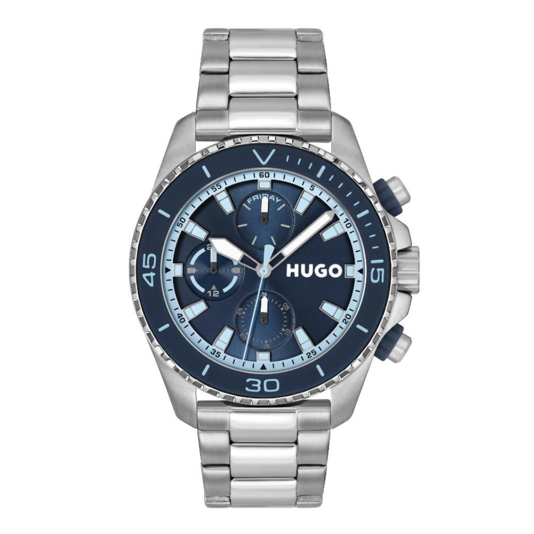 Hugo stainless steel chronograph watch with a dark blue dial and bezel, featuring silver-tone metal case and link bracelet on a white background.