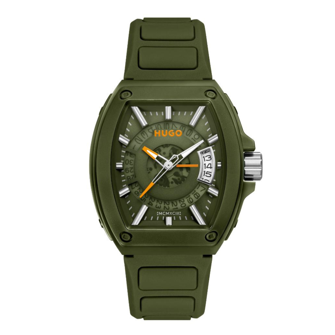 Hugo Socko military-style watch with an olive green rubber strap, matching green dial, and silver-tone case accents, shown on a plain white background.