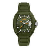 Hugo Socko military-style watch with an olive green rubber strap, matching green dial, and silver-tone case accents, shown on a plain white background.