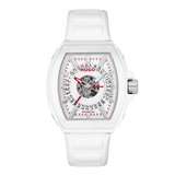 A Hugo watch with a white rectangular case, white silicone strap, and a white dial featuring black markings, red hands, and a visible skeletonized center.