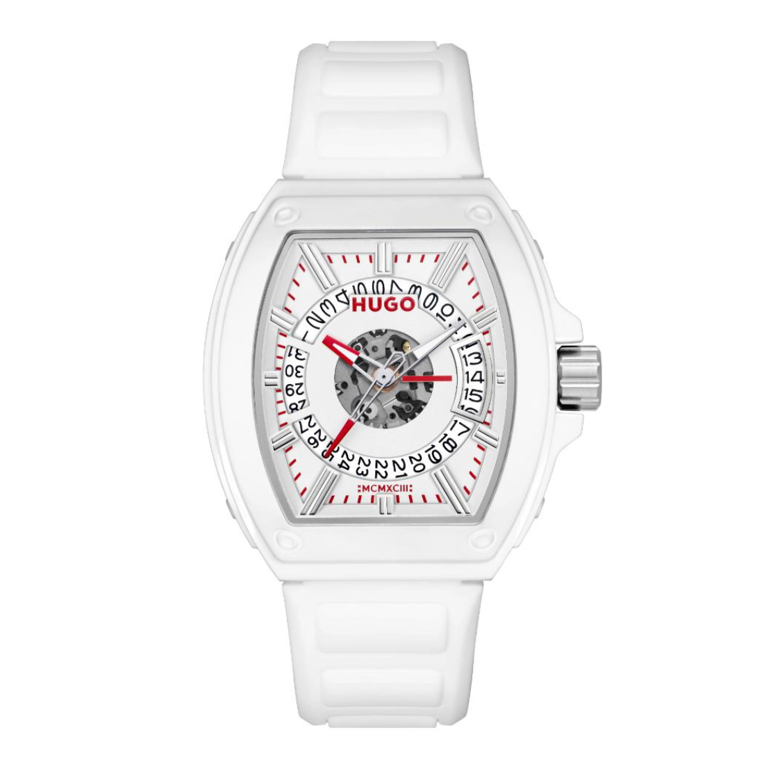 A Hugo watch with a white rectangular case, white silicone strap, and a white dial featuring black markings, red hands, and a visible skeletonized center.