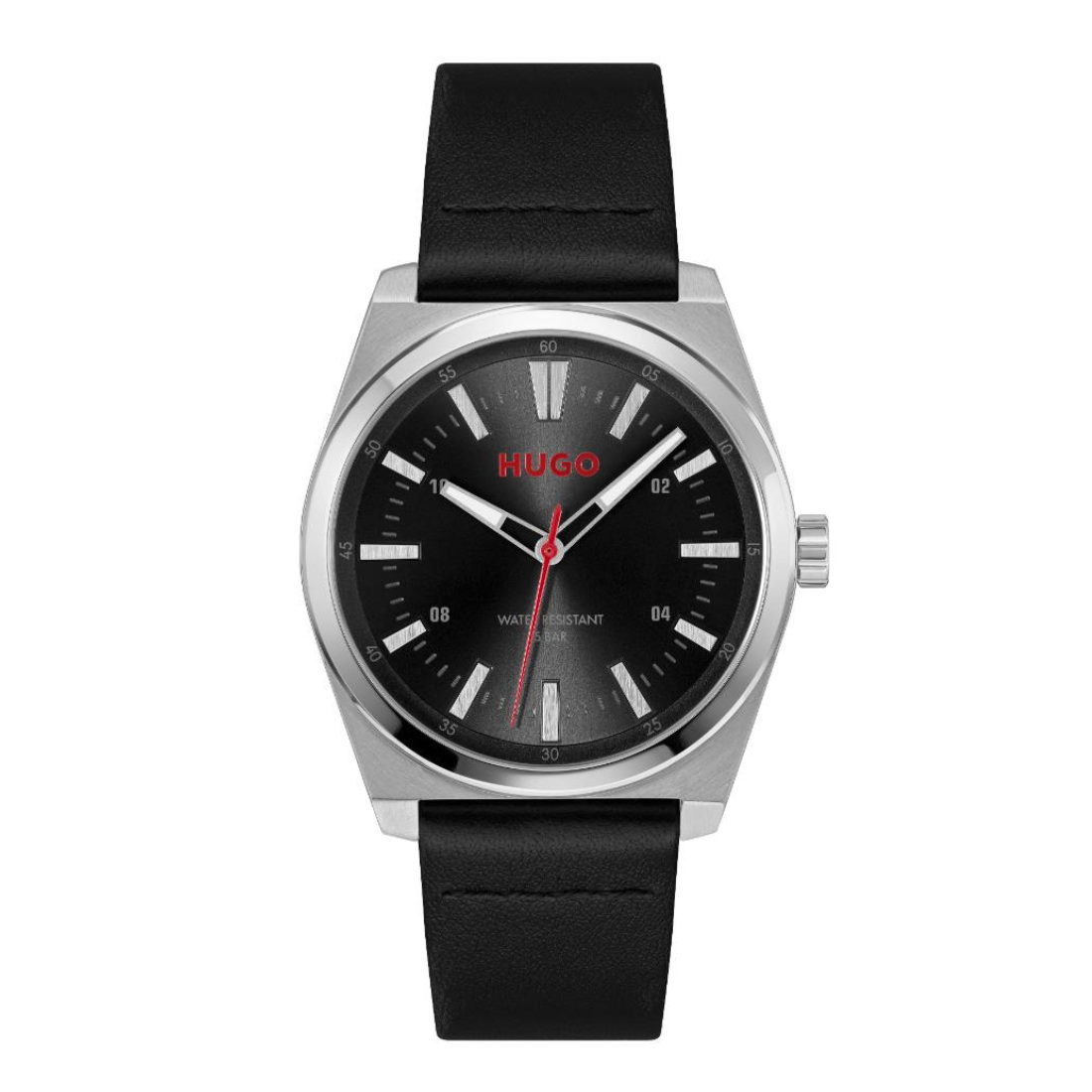 A Hugo wristwatch with a silver-toned metal case, black dial, and black leather strap, shown against a plain white background.