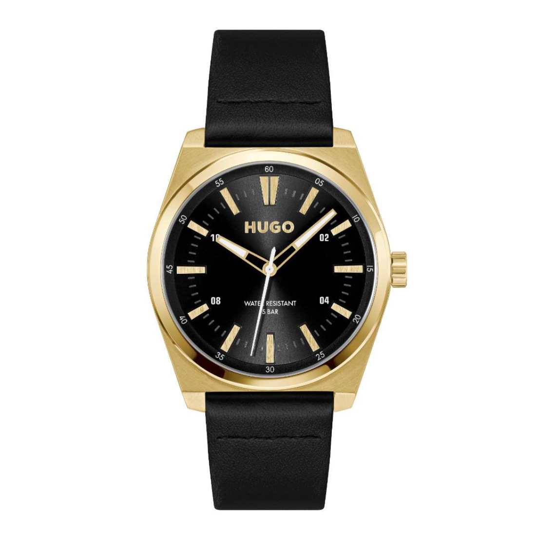 A Hugo watch with a gold-tone case, black dial, and black leather strap, shown against a plain white background.