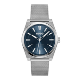 A Hugo wristwatch with a silver stainless steel case and mesh strap, featuring a dark blue dial with silver-tone hands and indices.