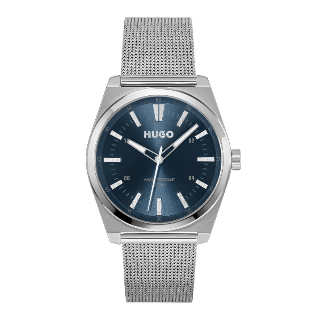 A Hugo wristwatch with a silver stainless steel case and mesh strap, featuring a dark blue dial with silver-tone hands and indices.