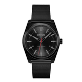 A Hugo watch with a black stainless steel case, black mesh strap, and a black dial featuring silver-tone indices and a distinctive red second hand.