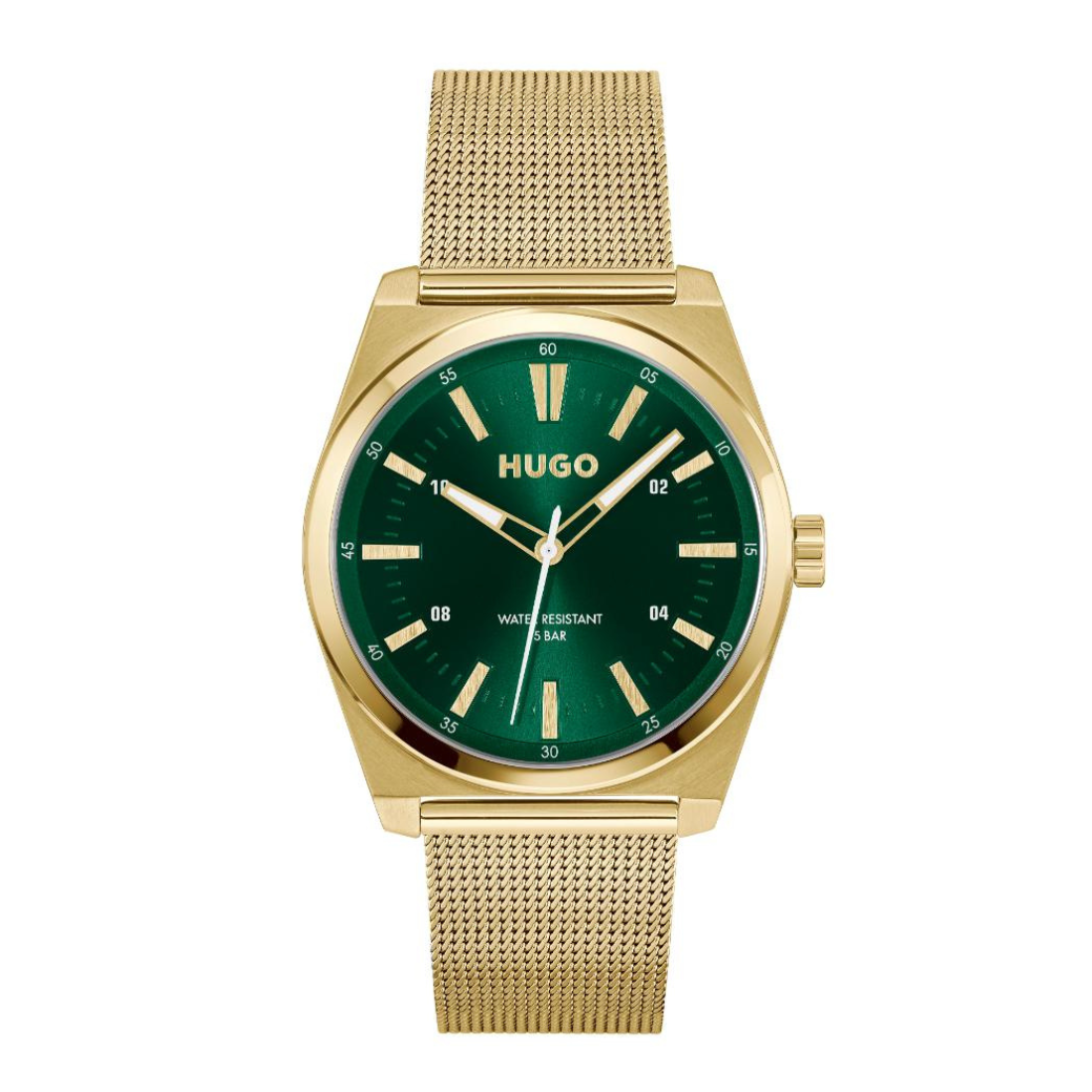 A Hugo watch with a gold-tone case and mesh strap, featuring a dark green dial with gold-tone hands and markers.