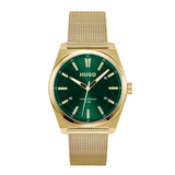A Hugo watch with a gold-tone case and mesh strap, featuring a dark green dial with gold-tone hands and markers.