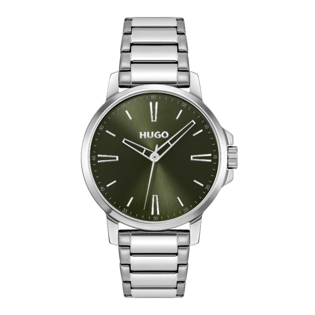 A Hugo wristwatch with a silver stainless steel link bracelet and a dark olive green dial, shown against a plain white background.