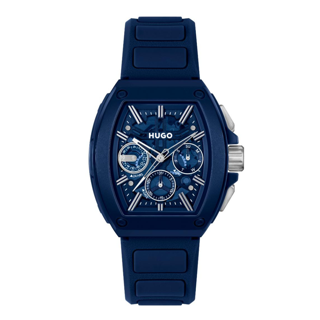 A Hugo watch with a dark blue resin case and matching blue strap, featuring a detailed blue dial with silver-tone indices and three subdials.