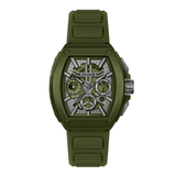 Hugo watch with an olive green silicone strap, matching green case, and a silver and green skeleton dial with multiple sub-dials.