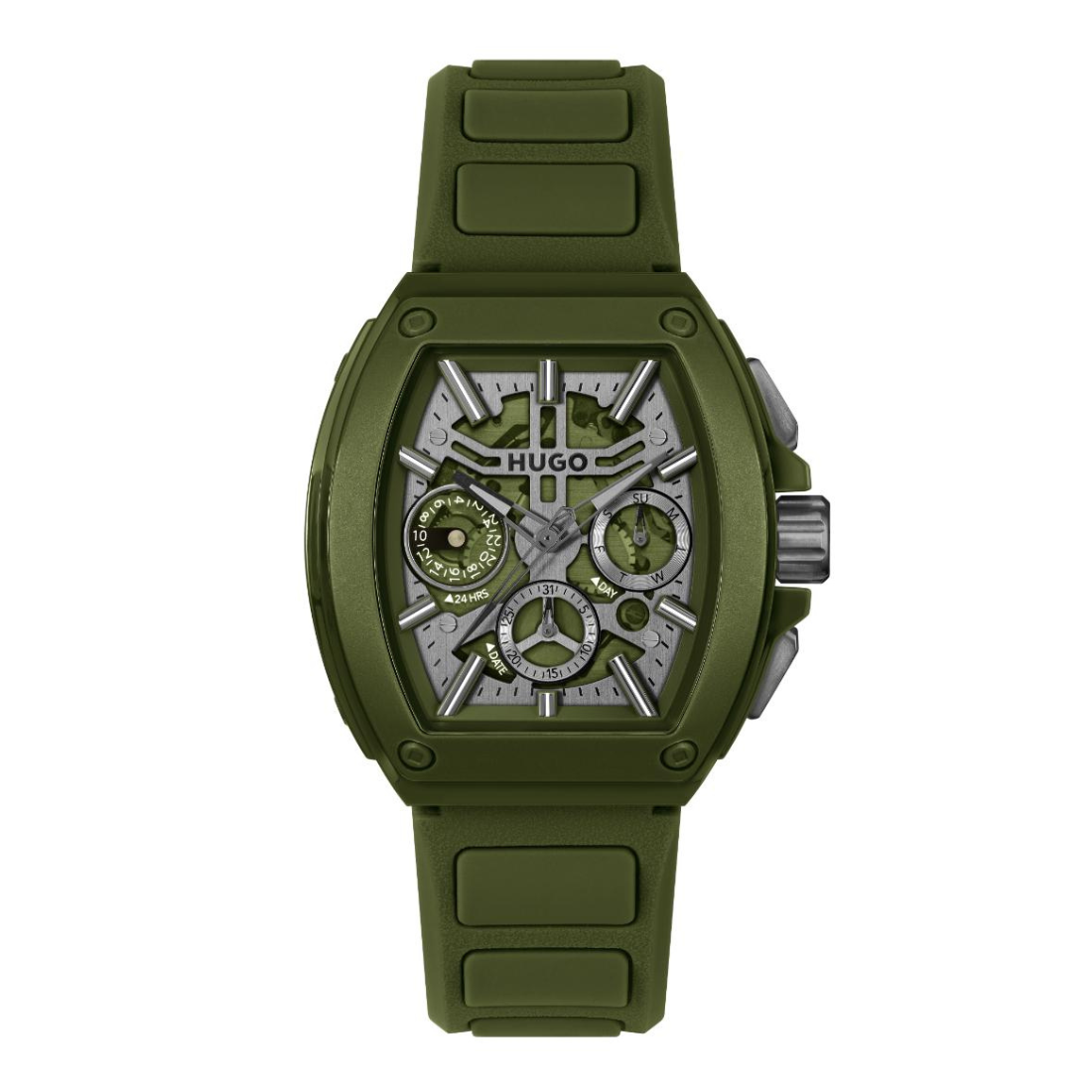 Hugo watch with an olive green silicone strap, matching green case, and a silver and green skeleton dial with multiple sub-dials.
