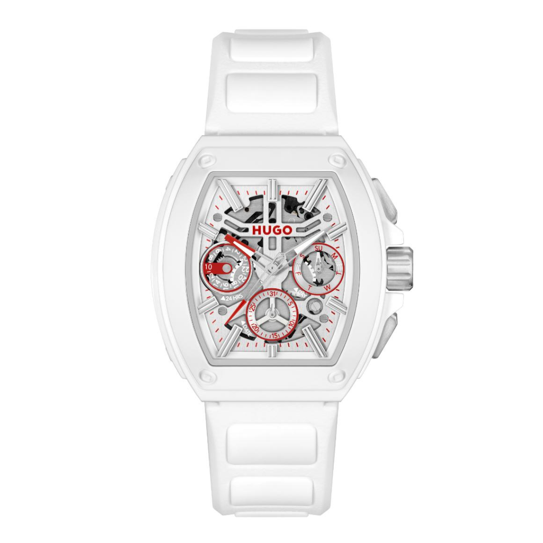 A white Hugo watch with a white silicone strap, featuring a skeletonized dial with silver and red details.