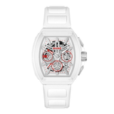 A white Hugo watch with a white silicone strap, featuring a skeletonized dial with silver and red details.