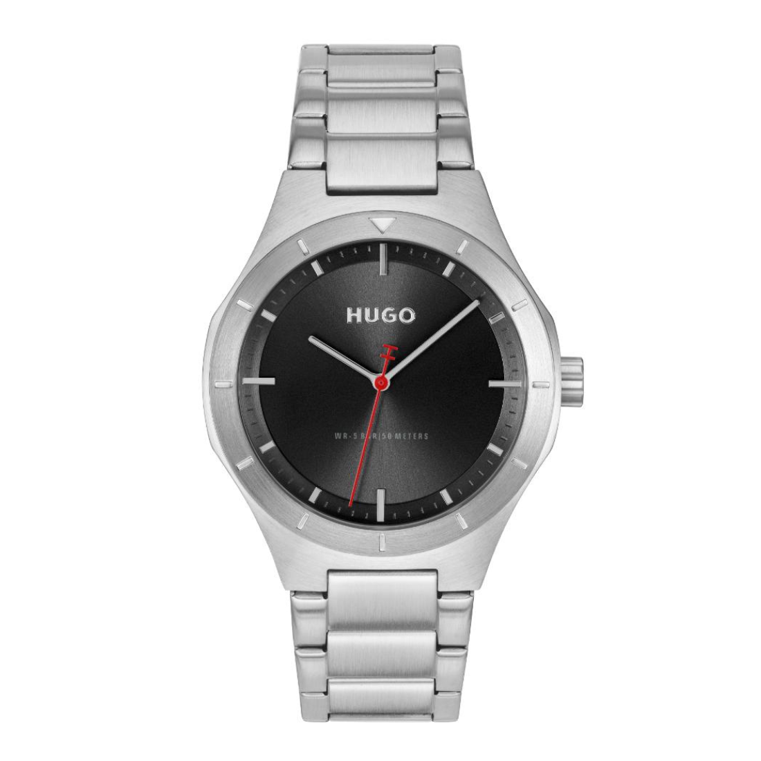 Silver watch with black dial and red second hand on a white background
