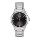 Silver watch with black dial and red second hand on a white background