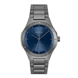 A Hugo wristwatch with a brushed silver-tone stainless steel case and link bracelet, featuring a prominent blue sunburst dial with silver-tone hands and markers.