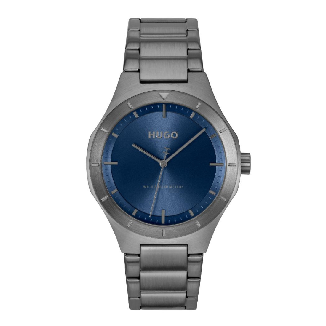 A Hugo wristwatch with a brushed silver-tone stainless steel case and link bracelet, featuring a prominent blue sunburst dial with silver-tone hands and markers.