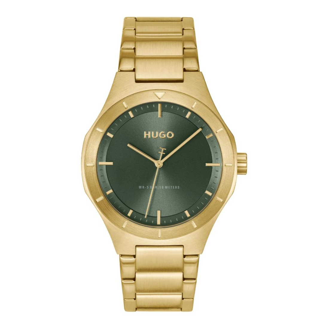 A Hugo wristwatch with a brushed gold-tone stainless steel case and link bracelet, featuring a dark green dial with gold-tone hands and indices.
