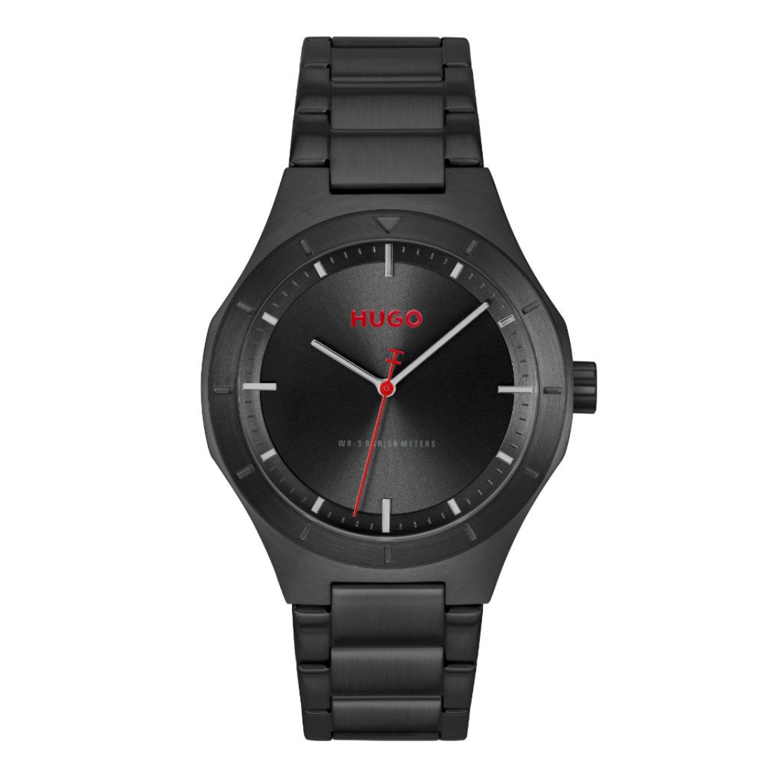 A Hugo watch with a matte black stainless steel case and integrated link band, featuring a black dial with a red HUGO logo and a red second hand.
