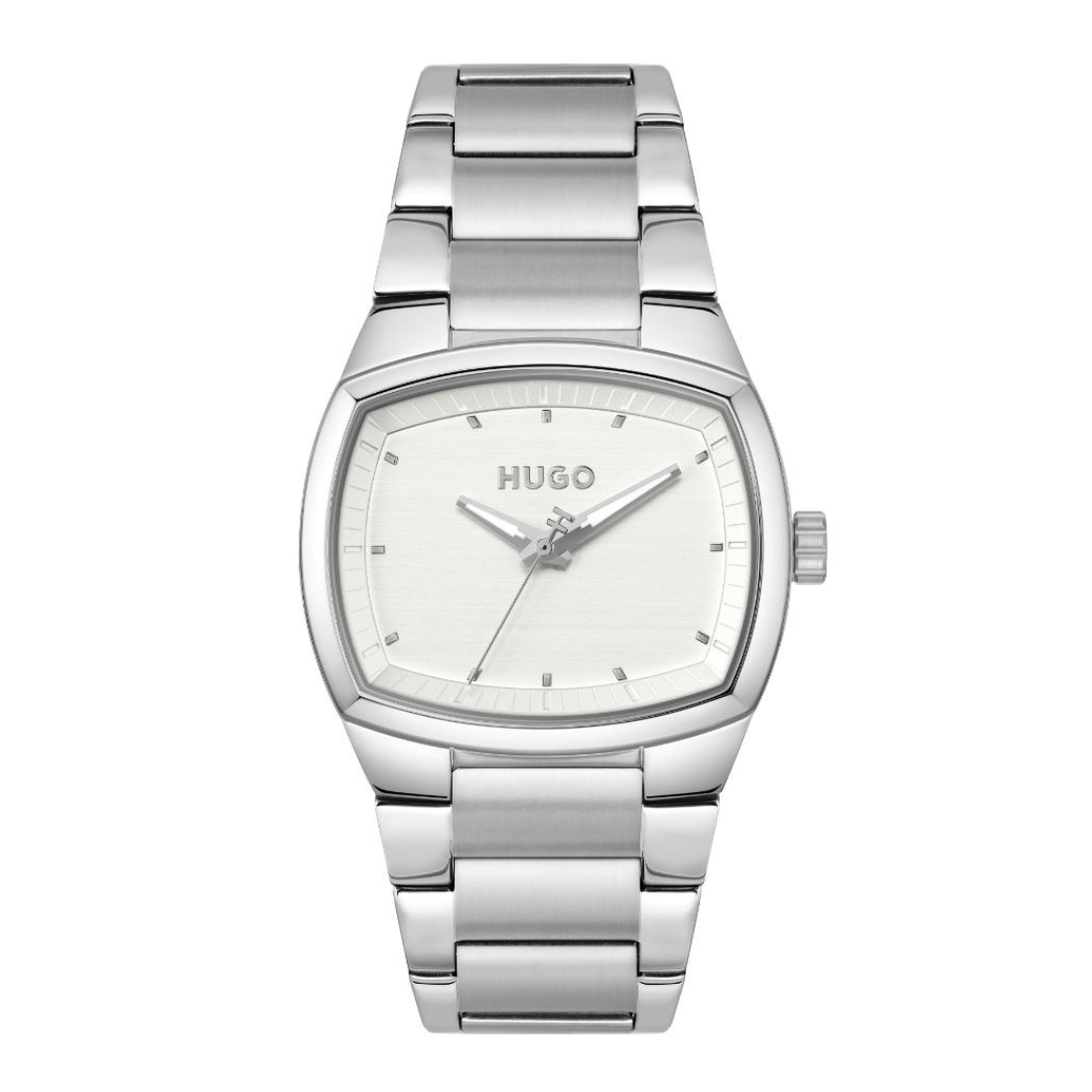 A Hugo silver-tone stainless steel watch with a white dial, shown against a plain white background.