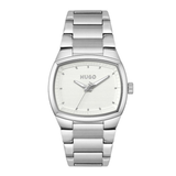 A Hugo silver-tone stainless steel watch with a white dial, shown against a plain white background.