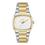 A Hugo two-tone watch with a gold and silver stainless steel link bracelet, a gold bezel, and a white dial with gold hands and markers.