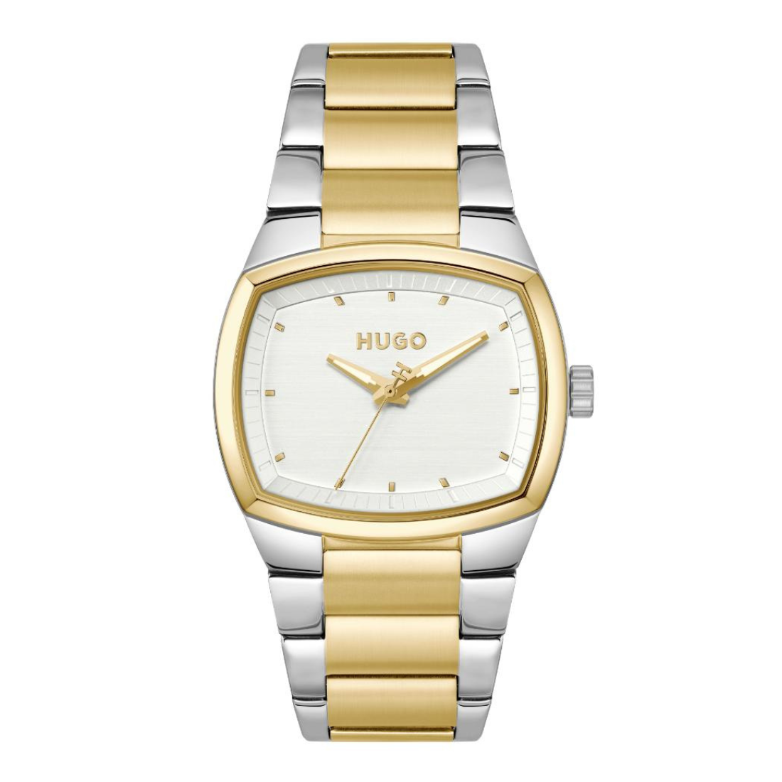 A Hugo two-tone watch with a gold and silver stainless steel link bracelet, a gold bezel, and a white dial with gold hands and markers.