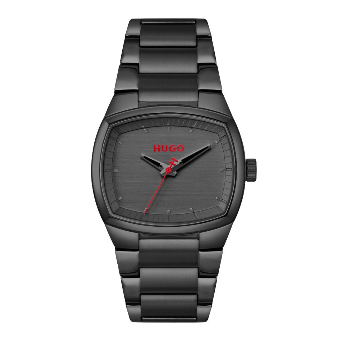 A Hugo watch with a matte black metal case and link bracelet, featuring a dark gray dial with black hands and a contrasting red second hand and brand logo.