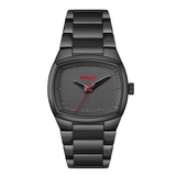A Hugo watch with a matte black metal case and link bracelet, featuring a dark gray dial with black hands and a contrasting red second hand and brand logo.