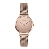 A minimalist KUTO wristwatch with a rose gold-toned round dial, slim hands, and a matching rose gold mesh strap, shown against a plain white background.