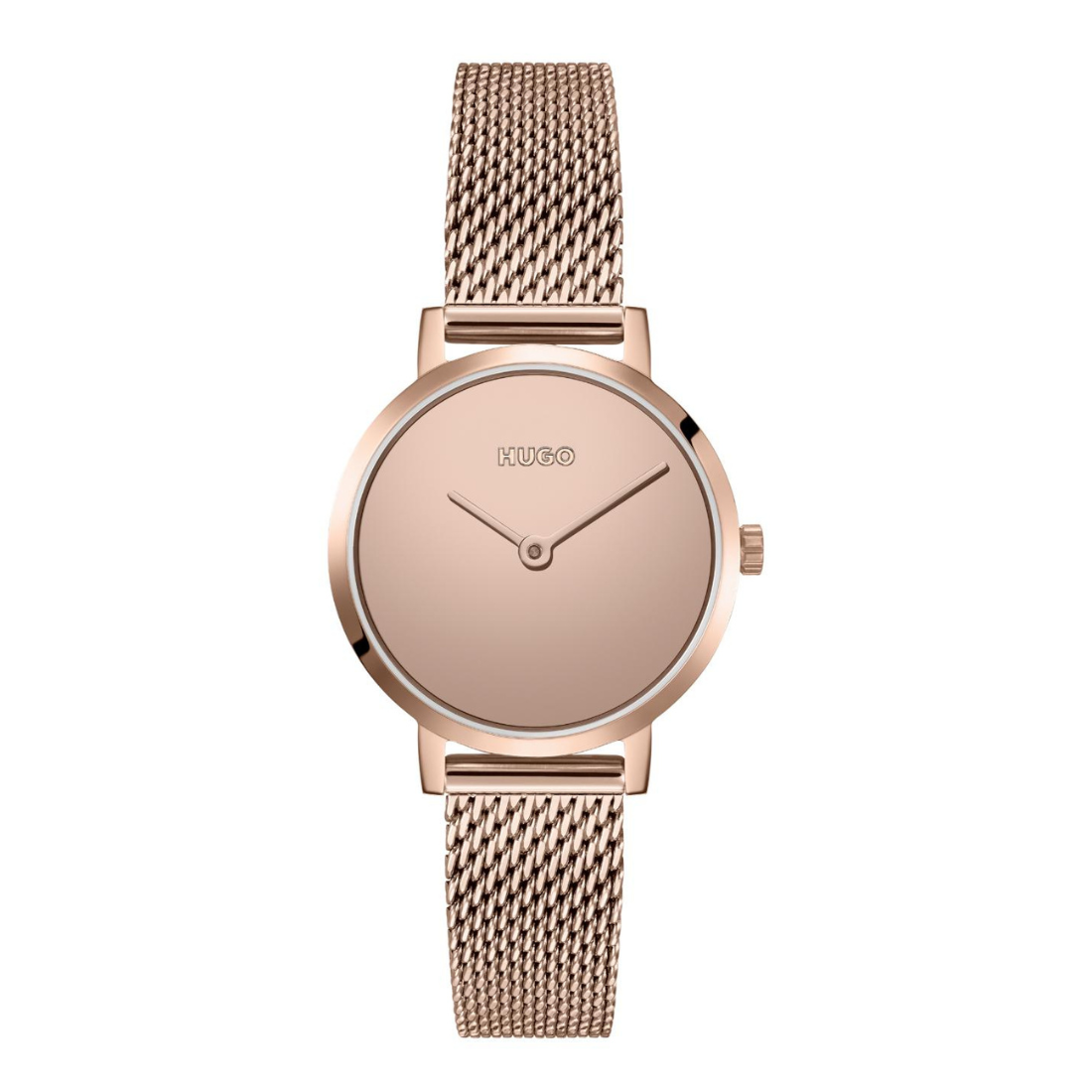 A minimalist KUTO wristwatch with a rose gold-toned round dial, slim hands, and a matching rose gold mesh strap, shown against a plain white background.