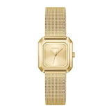 A gold-tone Hugo watch with a rectangular bezel and a matching gold mesh strap, shown against a plain white background.