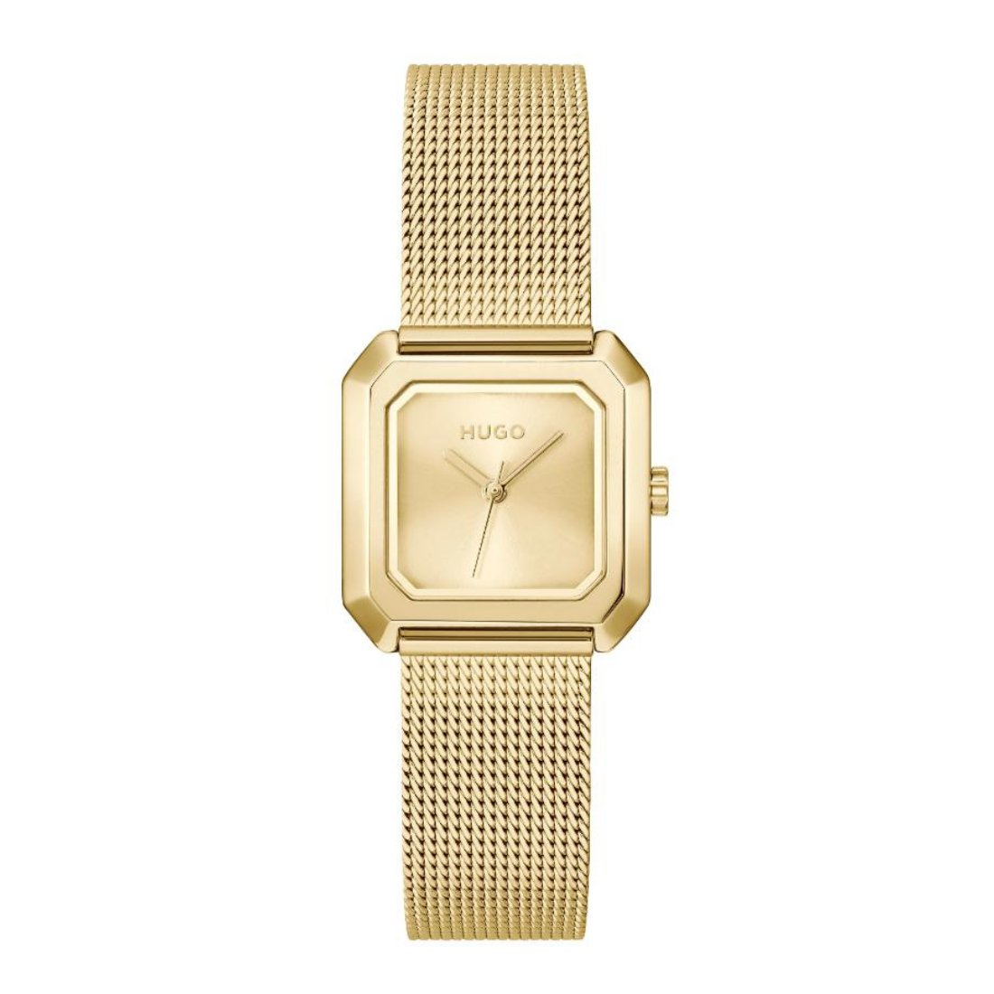 A gold-tone Hugo watch with a rectangular bezel and a matching gold mesh strap, shown against a plain white background.